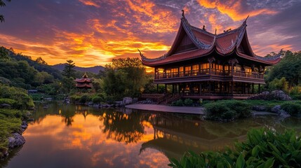 Obraz premium Serene Sunset Landscape with Pagoda Reflection in Pond