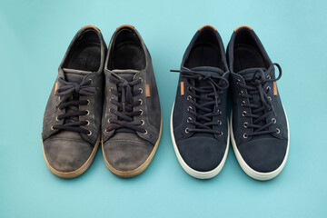 Contrast between two conditions of the same shoes. Shoe Repair Shop, Before and After concept....