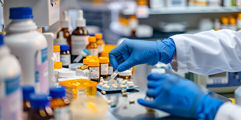 Pharmaceutical Laboratory Technician Handling Medication Samples, Medical Scientist Preparing Pharmaceutical Test Samples in Laboratory

