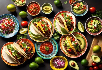 Fototapeta premium vibrant taco display colorful classic plates featuring fresh ingredients eye catching presentation, food, meal, dining, cuisine, snack, garnish, texture
