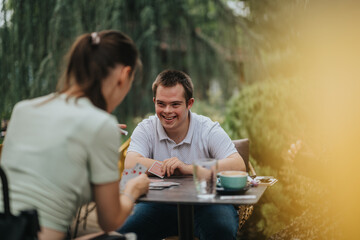 A group of friends enjoying a card game in a relaxed outdoor environment. Smiling faces and a warm...