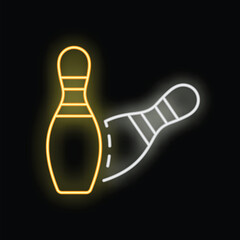 Yellow neon sign of a bowling pin falling over on a black background