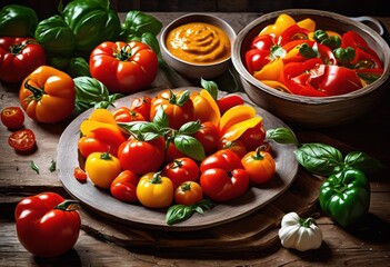 vibrant food imagery showcasing fresh bold colorful presentation culinary delights, appetizing, arrangements, artisan, buffet, cooking, cuisine, dairy