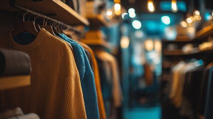 Cozy clothing store with neatly arranged sweaters and jackets on racks, illuminated by soft, warm lighting. Modern fashion boutique with a welcoming atmosphere for shoppers.