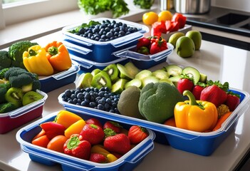 colorful meal prep containers brimming fresh vegetables fruits ready healthy eating nutrition, produce, food, meals, vibrant, diet, cooking, ingredients