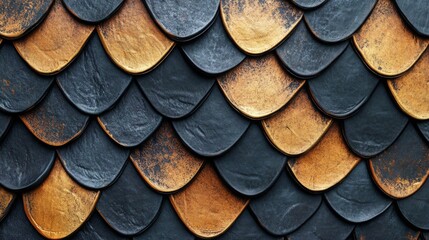 Close-up of a textured, overlapping pattern of black and orange scales.