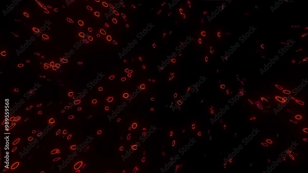 Poster bright neon pink confetti-like particles spread across black background in explosion pattern