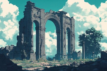 Fototapeta premium Ancient Stone Archway Ruins with Overgrown Grass and Trees