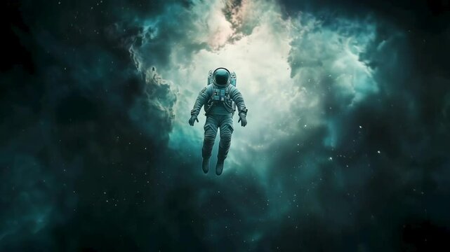 A lone astronaut floats in space, gripped by astraphobia as a massive swirling nebula looms behind, dwarfing the stars. Seamless loop, AI-assisted creation with manual enhancements.