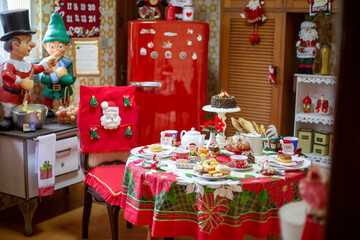 Christmas breakfast table with donuts and cake