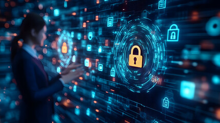 cybersecurity concept Global network security technology, business people protect personal information. Encryption with a padlock icon on the virtual interface.