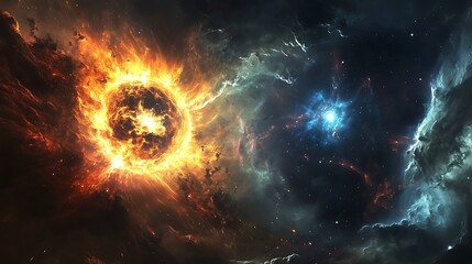 Obraz premium Magnetar with intense magnetic fields surrounded by an accretion disk and molecular cloud with a quasar and dark energy in the distance