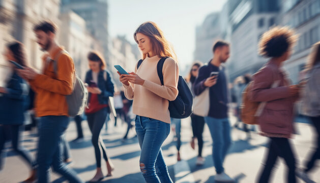 crowd of people walking on a city street, each holding a phone and looking at it. The image represents social media addiction, mobile device usage, and wireless data transfer concepts.