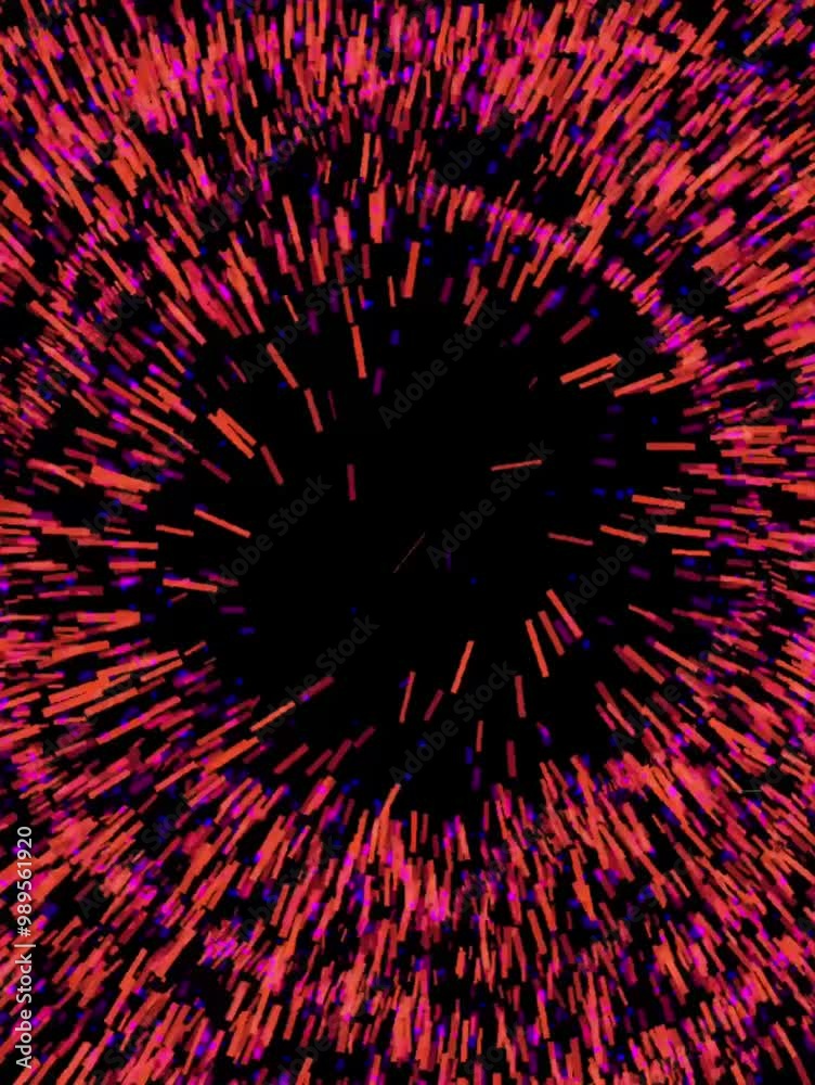 Poster Bright neon red confetti particles spread across a black background in an abstract explosion pattern
