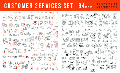 Customer services icon set, 64 icons, modern style, transparent background