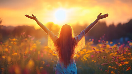 Welcome new day woman with raised arms embraces the sun : Generative AI