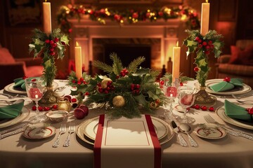 Fototapeta premium Elegant Christmas Table Setting with Fine China, Red Napkins, and Festive Candles