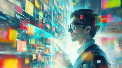 A man in a suit using futuristic digital interfaces with colorful data visualizations