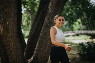 Happy woman enjoying an outdoor workout session in a picturesque park setting on a sunny day.