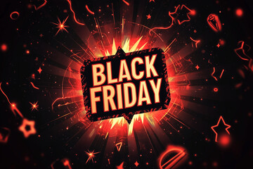 Black and red background with text "BLACK FRIDAY", featuring lightning bolts, stars, sun rays, banner for black friday shopping online on social media. Special offer or sale promotion for holiday cybe