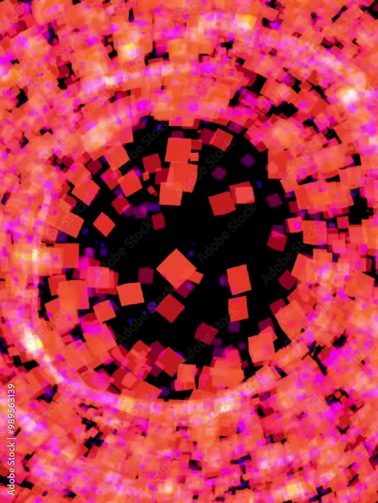 Poster bright neon red orange pink confetti-like particles spread across a black background in an abstract 