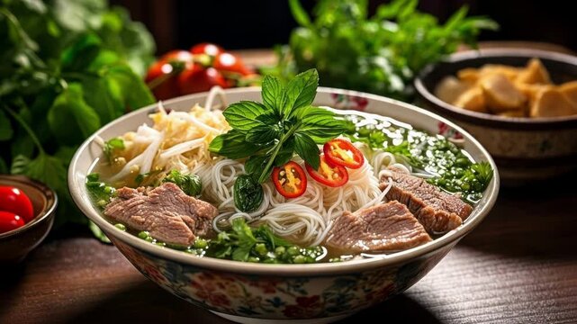 Steaming bowl of vietnamese pho with beef, rice noodles, bean sprouts, basil, cilantro, chili peppers and lime on rustic wooden table with ingredients in background