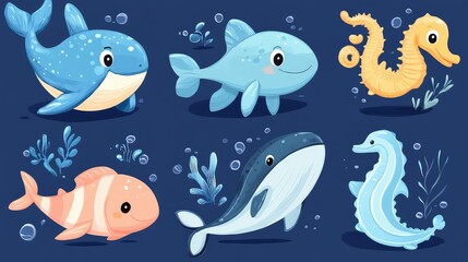 Obraz premium Ocean Animal Set Featuring Fish, Medusa, Whale, and Seahorse - Vibrant Marine Life Illustration for Educational and Decorative Use