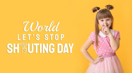 Cute little girl showing silence gesture on color background