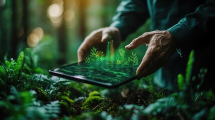 Environmental Scientist Analyzing Growth Data with Digital Interface for Forest Conservation Concept