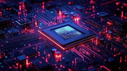 Obraz premium Realistic Digital Illustration of Computer Motherboard with Chip, Processor, and Semiconductor on Technology Background