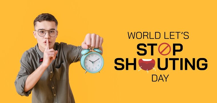 Banner for World Lets Stop Shouting Day with young man with alarm clock showing silence gesture - Powered by Adobe