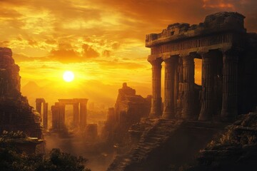 Fototapeta premium Ruins of a grand ancient temple at sunset