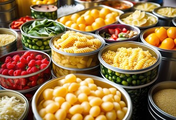 colorful organized food donation essentials displayed neat containers community support charity events, vibrant, supplies, nutrition, items, boxes, outreach