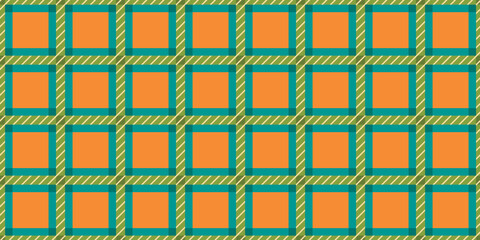 Plaid seamless pattern in color.Geometric background with  horizontal, vertical, diagonal lines and stripes.Blue and green on orange.Colorful vector texture for printing on fabric and paper,textile.