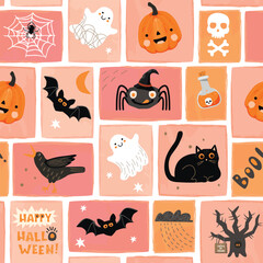 Obraz premium Mosaic seamless pattern with Halloween characters and elements.Black cat,bat,web,spider,pumpkin,scary tree,ghost, skull, potion,crow,handwritten.Grange shapes background.Vector flat color illustration