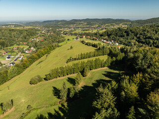 Beskid Maly aerial panorama of potrojna hill and czarny gron.Little Beskids mountain range in summer.Aerial drone view of Rzyki Village in Beskid Maly Poland.Czarny gron ski resort in Rzyki.