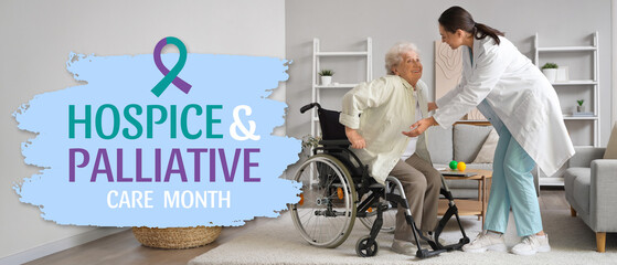 Physical therapist helping senior woman to stand up from wheelchair at home