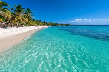 Fototapeta premium A tropical beach with crystal-clear turquoise water, palm trees swaying in the breeze and white sand stretching into the distance