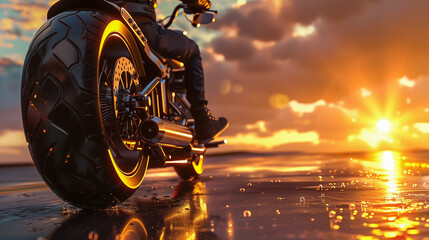 Ultra-realistic image of a biker riding a motorcycle along Route 66 during sunset, captured in a side view with dramatic lighting