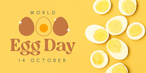 Halves of tasty boiled eggs with slices on yellow background