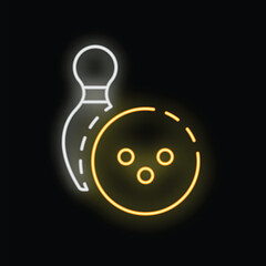 Yellow neon icon of a bowling ball and pin glowing on a black background