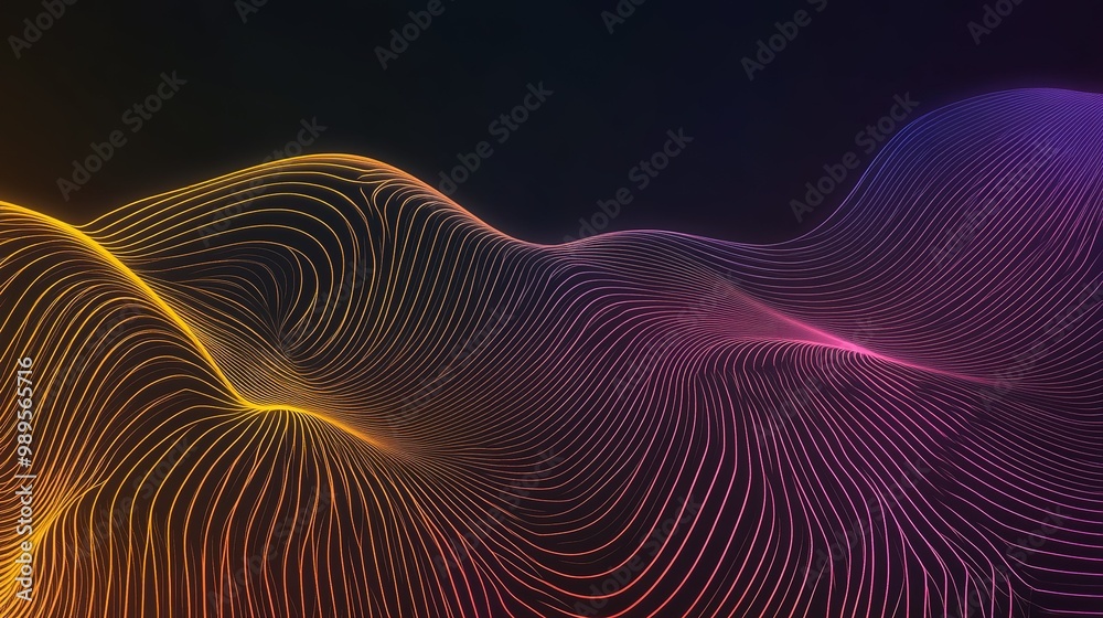 Poster abstract waves of colorful lines creating a dynamic landscape in a dark setting at night
