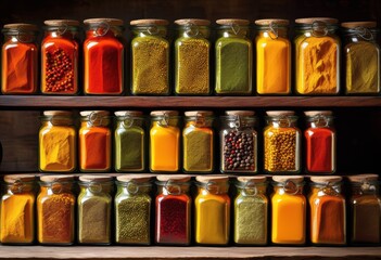 vibrant spices beautifully arranged trendy containers showcasing colorful display culinary ingredients, aroma, seasoning, herbs, flavor, decor, design