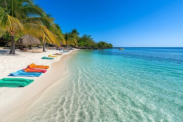 Fototapeta premium A tropical beach with crystal-clear water, white sand, and colorful beach towels laid out under palm trees