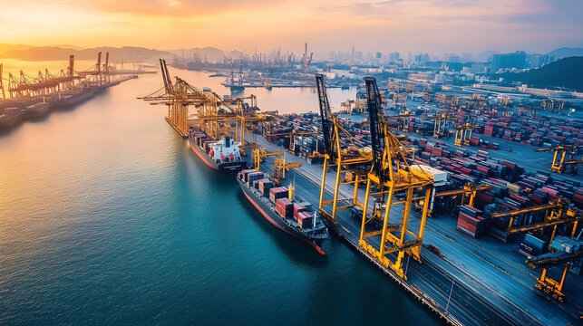 Aerial view of a port expansion project, with cranes and shipping facilities under construction