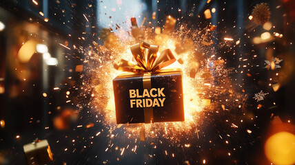 stylish poster, test "BLACK FRIDAY" coming out of an exploding present, banner for black friday shopping online on social media. Special offer or sale promotion for holiday cyber week in digital store