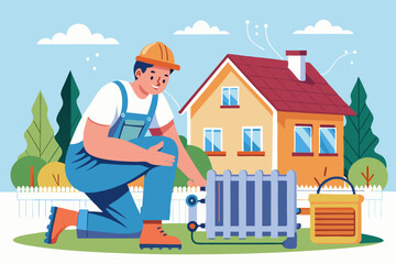 Ilustración de un técnico trabajando en un radiador en el exterior de una casa, realizando ajustes en el sistema de calefacción.