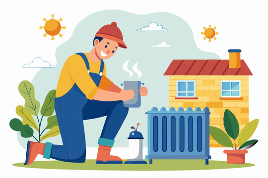  Ilustraci&oacute;n de un trabajador arrodillado frente a un radiador de calefacci&oacute;n al aire libre, tomando un descanso con un termo de bebida caliente.