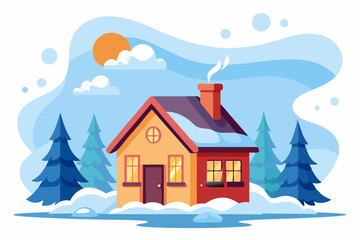 Casa acogedora en medio de un paisaje invernal, con chimenea encendida, rodeada de pinos y nieve bajo un cielo despejado.