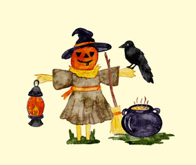 Watercolor scarecrow with a pumpkin head and crow by a cauldron near Halloween decorations